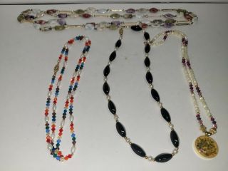 4 Necklaces - Old - Onyx - Seed Pearls - Quartz - Crystals - Stones - Vintage Beaded - Pendant