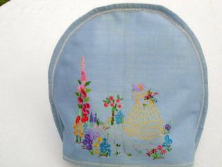 Charming Vintage Crinoline Lady & Cottage Garden Hand Embroidered Tea Pot Cover