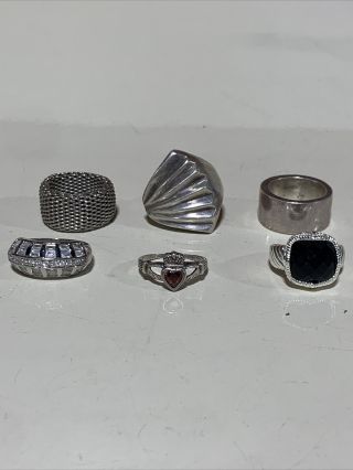 Vintage Set Of 6 Sterling Silver 925 Marked Rings Size 6 With Red And Black Gem