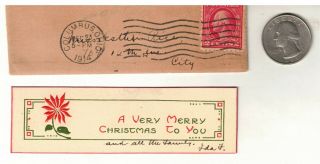 Very Tiny Envelope 1914 W/ Vintage Christmas Card See Scan For Reference