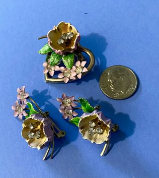 Vintage Rhinestone Pink Purple Flower Costume Jewelry Heart Three Pin Set