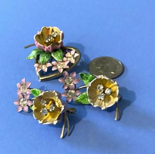 Vintage Rhinestone Pink Purple Flower Costume Jewelry Heart Three Pin Set 2