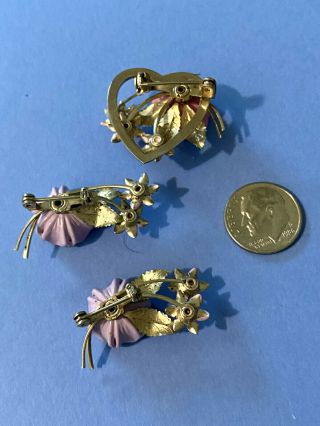 Vintage Rhinestone Pink Purple Flower Costume Jewelry Heart Three Pin Set 3