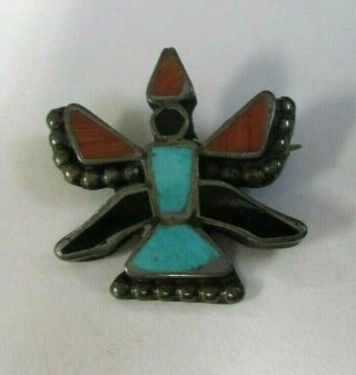 Vtg Zuni Sterling Silver Onyx Turquoise Coral Knifewing Figure Pin Signed Rae 1 "