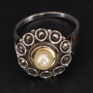 Vtg Sterling Silver & 10k Gold - Marcasite Pearl Flower Ring Size 7.  5 - 4g