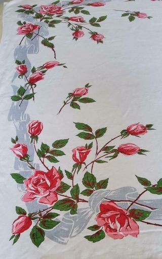 Vintage Mid Century Tablecloth White Cotton/linen Blend Pink Roses Blue Border