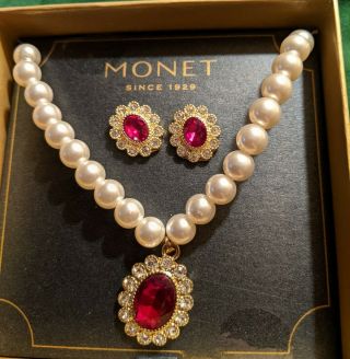 Vintage Monet Signed Faux Pearl Red & Pave Rhinestone Necklace Earrings Set Nos