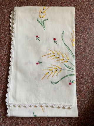 Vintage Hand Embroidered With Crochet Edge Dresser Scarf/runner
