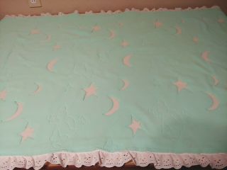Vintage Handmade Green Quilted Baby Blanket Eyelet Ruffle Edges 47 " X 27.