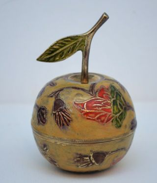 Vintage India Enameled Brass Apple Shaped Hand Painted Trinket Box
