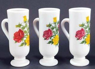3 Vintage Avon Milk Glass With Red Yellow Roses Espresso Cups Mugs Bud Vases