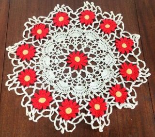 Vintage White With Red & Yellow Flowers Doily Hand Crochet Boho Decor