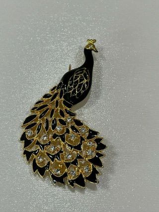 Vintage Peacock Brooch,  Black Enamal,  Clear Rhinestones With Glit Gold Metal