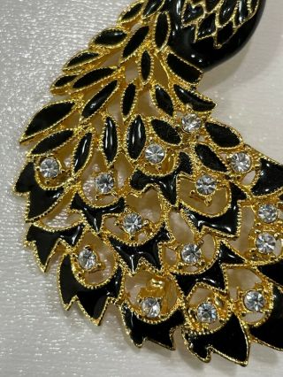 vintage peacock brooch,  black enamal,  clear rhinestones with glit gold metal 2