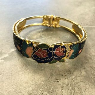 Vintage Enamel Cloisonne Brass Hinged Cuff Bracelet Rose Flower Butterfly Floral