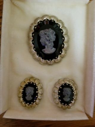 Vintage Black Intaglio Cameo Gold Tone Brooch & Matching Earrings,  Marked German