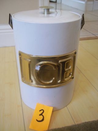 Vntg Signed George Briard 11 " Tall White Vinyl Ice Bucket 3d Gold Ice & Handle
