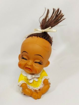 Vtg Moody Cuties Doll Japan Crying Freckle Girl Rooted Brown Hair Yellow Dress