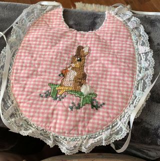 Vintage Cross Stitch Embroidered Baby Bib Easter Bunny