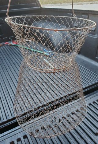 Vintage Collapsible Metal Wire Mesh Live Fish Basket Sportfisher Net Trap