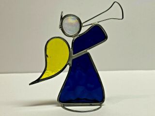 Vintage Stained Glass Sun Catcher Royal Blue Yellow Wings Angel Playing Trumpet