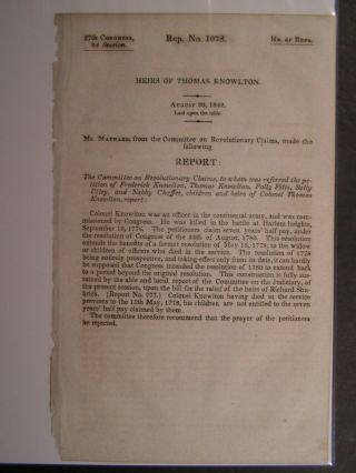 Gov Report 1842 Colonel Thomas Knowlton Continental Army Revolutionary War