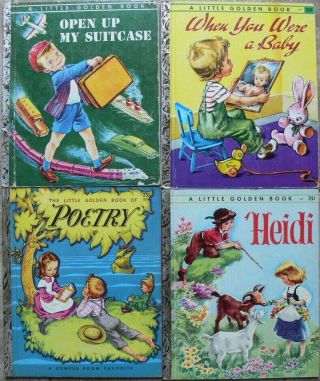 4 Vintage Little Golden Books Open Up My Suitcase,  When You Were A Baby,  Heidi