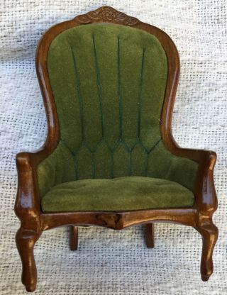 Vintage Dollhouse Miniature Furniture Green Wooden Armed Desk Chair 5”