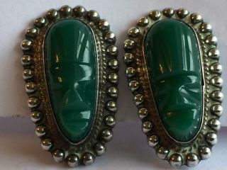 Vintage 925 Sterling Silver Carved Jade Warrior Face Earrings - Mexico