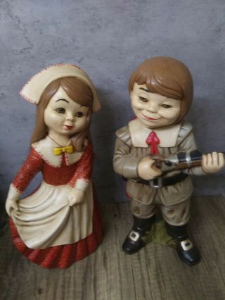 Vintage Pair Thanksgiving Ceramics Pilgrim Girl And Boy Alberta Mold 12 " Euc