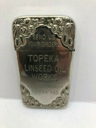 Antique Vintage Advertising Match Safe Holder Topeka Linseed Oil