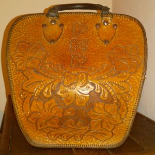 Vintage Tooled Leather Bowling Bag,  2 Handled,  Floral Design Pmr