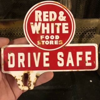 Red And White Food Stores Metal License Plate Topper Vintage Sign