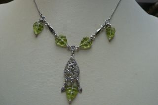 Vintage Green Glass And Silver Necklace