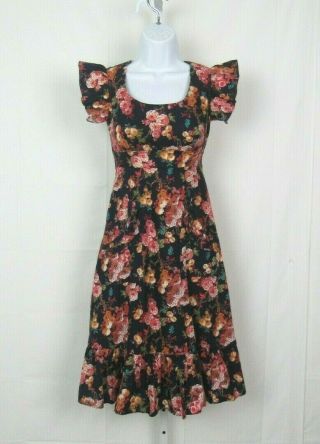 Vtg 1960s 70s Contempo Casuals Floral Dress Cotton Size 5 Ruffle Arms Side Belts