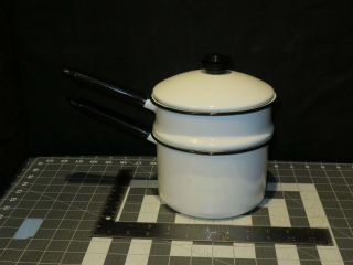 Vintage White & Black Trim Enamelware Double Boiler 3 Piece Set