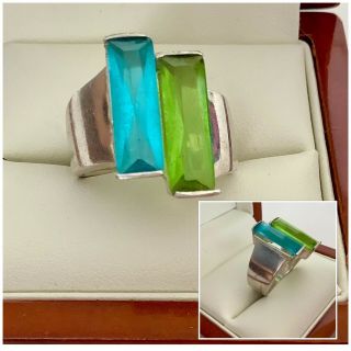 Vintage Jewellery Sterling Silver 925 Green & Turquoise Glass Cut Modernist Ring