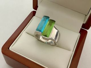 Vintage Jewellery Sterling Silver 925 Green & Turquoise Glass Cut Modernist Ring 2