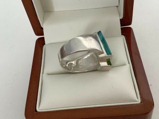 Vintage Jewellery Sterling Silver 925 Green & Turquoise Glass Cut Modernist Ring 3