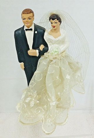 Vintage Bride & Groom Wedding Cake Topper Figures Plaster & Lace 3 3/4 "
