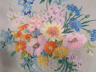 Vintage Hand Embroidered Picture Panel Stunning Vase Of Flowers