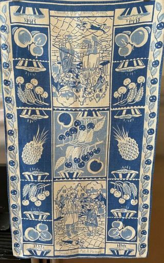 Vintage Linen Tea Towel - Simple Simon Met A Pieman - Blue - 1950 