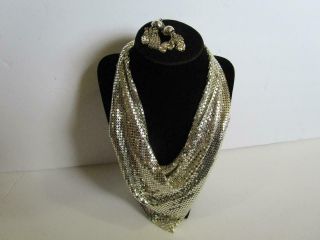 Vintage Whiting And Davis Silver Tone Metal Mesh Collar Bib Necklace Earrings
