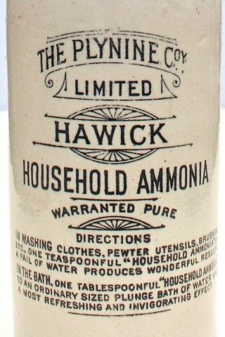 Vintage C1900s The Plynine Co Hawick Scotland Household Ammonia Stone Bottle