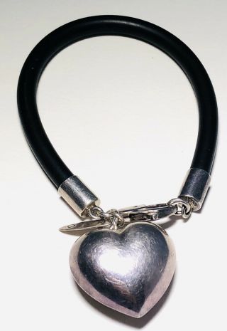 Vintage Najo Sterling Silver & Black Rubber Bracelet Puffy Heart