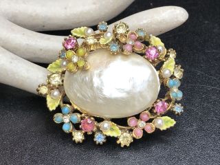 Vintage Signed Art Faux Baroque Pearl & Rhinestone Bead Flower Brooch Pin