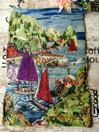 Vintage Hand Embroidered Picture Panel - Lovely Coastal Scene.