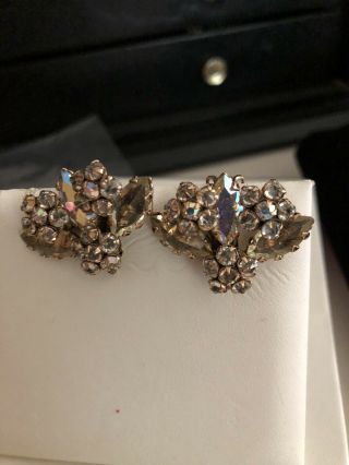 Rare Vintage Signed Schreiner Runway Marquis Rhinestone Crystal Clip Earrings