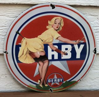 Vintage 1939 Dated Derby Gasoline Porcelain Gas Oil Sign 12” Archery Bow