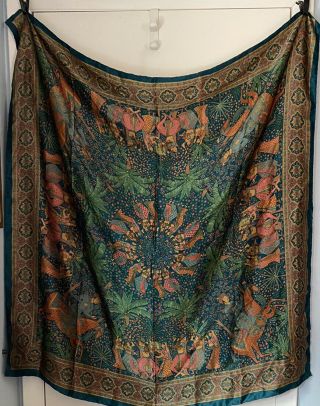 Vtg Silk Scarf Shawl Made In India Art Dancers Musician 44” Square Teal Pink